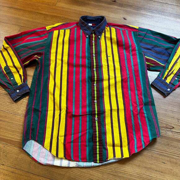 Tommy Hilfiger vintage red yellow striped long sleeve button up shirt SIZE L - Picture 1 of 4